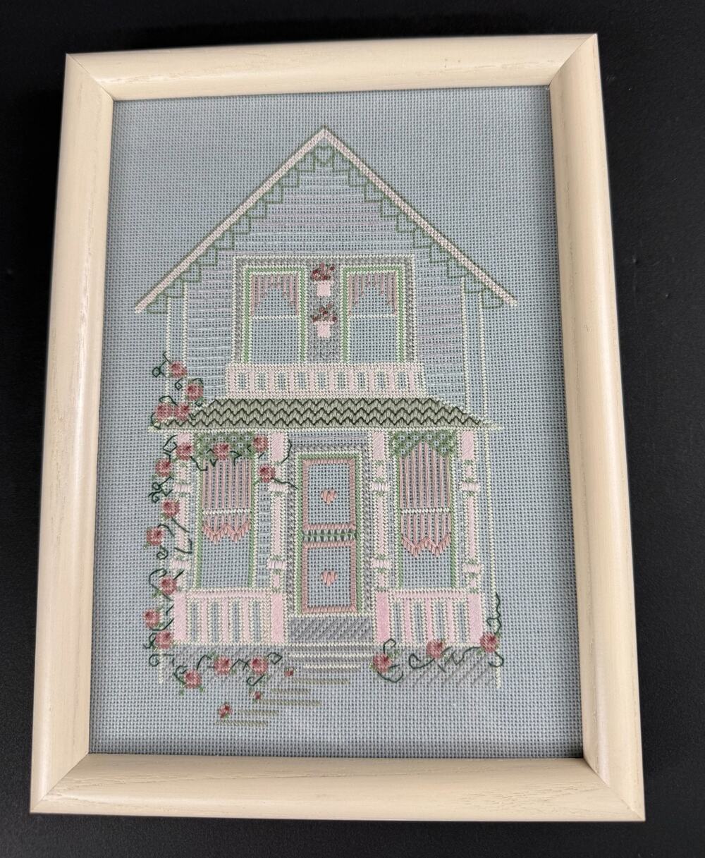 Vintage Finished Cottagecore House Needlepoint Wall Art - Custom Framed Victoria